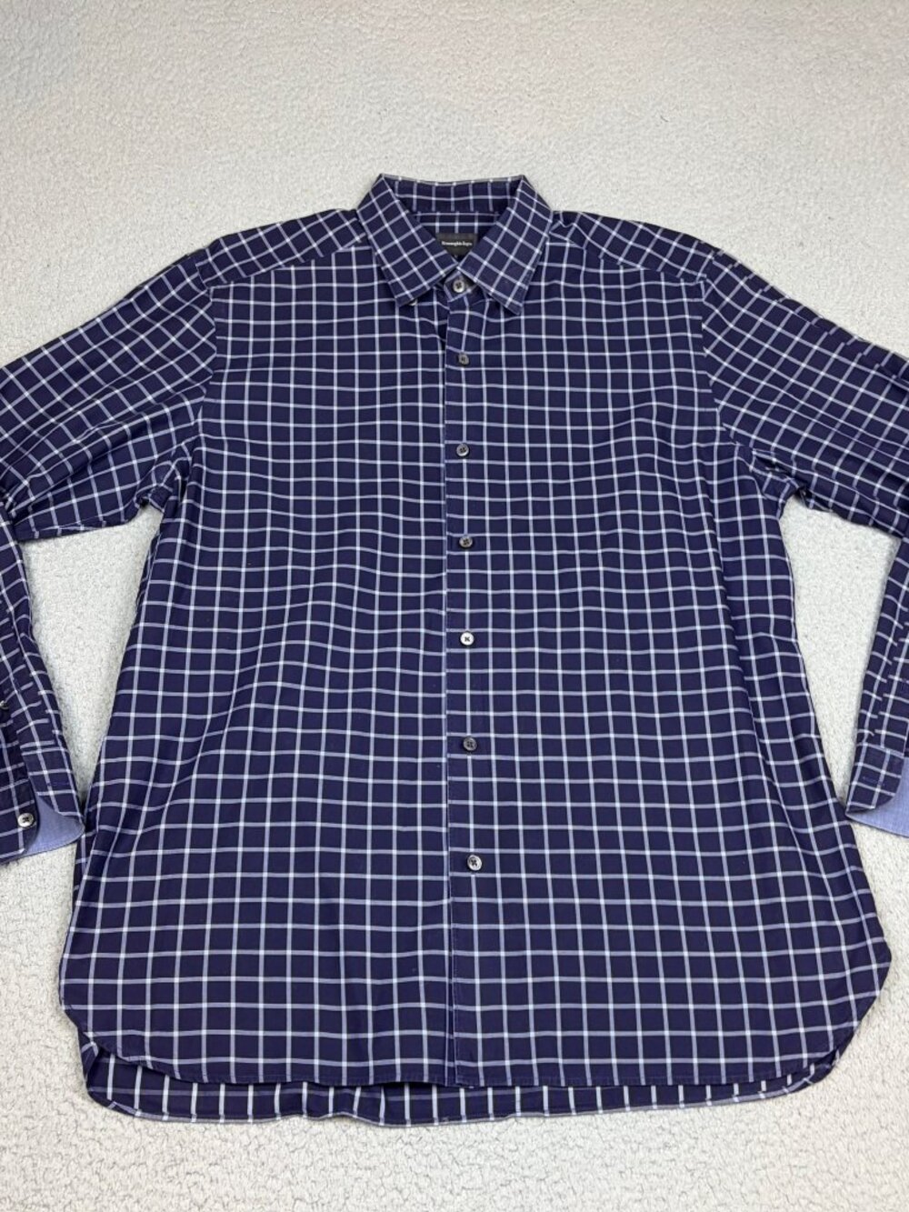 Ermenegildo Zegna Shirt Mens XL Blue Check Business Casual Long Sleeve Button Up